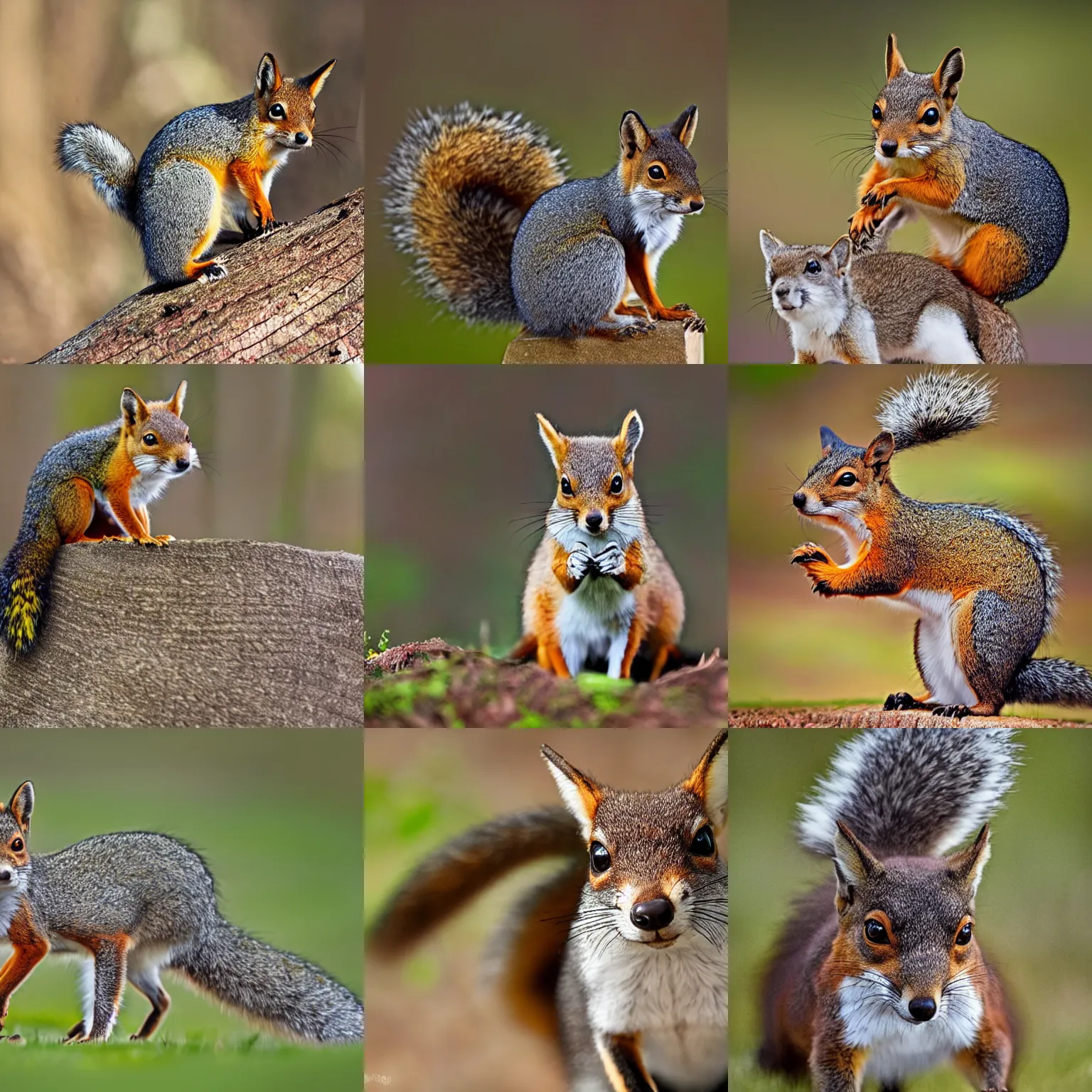 Prompt: a fox squirrel, a hybrid animal that is half - fox half - squirrel, cute animal photography