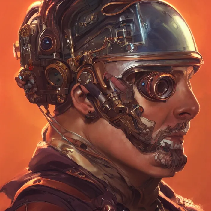 Image similar to a head and shoulders portrait of a space pirate, neon, retro, steampunk, smooth, sharp focus, intricate, artstation, detailed concept art by Rutkowski and Mucha and sky sewa and Caravaggio