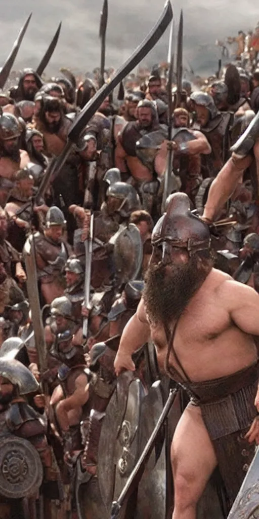 Image similar to Danny Devito dressed as Leonidas, with Leonidas beard, leading Spartans into battle, in screenshot from the 300 movie