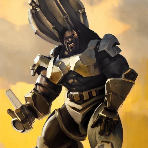 Image similar to greg manchess portrait painting of fully armored the foundation aka dwayne the rock from fortnite as overwatch character, medium shot, asymmetrical, profile picture, organic painting, sunny day, matte painting, bold shapes, hard edges, street art, trending on artstation, by huang guangjian, gil elvgren, ruan jia, greg rutkowski, gaston bussiere