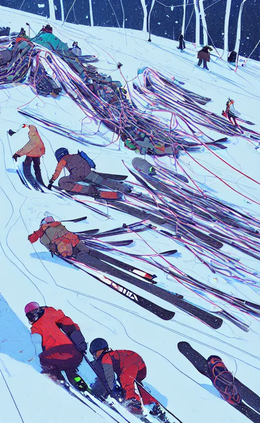 Image similar to by moebius and atey ghailan | the bottom of a ski slope with a huge pile of tangled up skiers |