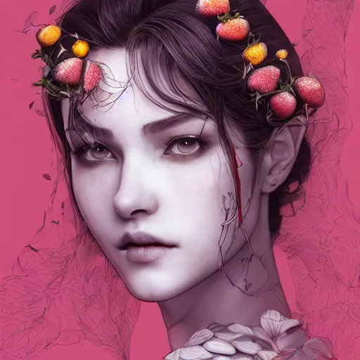 Image similar to the face of an absurdly beautiful, graceful, elegant, sophisticated mature woman of strawberries and white petals with tears, an ultrafine hyperdetailed illustration by kim jung gi, irakli nadar, intricate linework, bright colors, octopath traveler, final fantasy, unreal engine 5 highly rendered, global illumination, radiant light, detailed and intricate environment