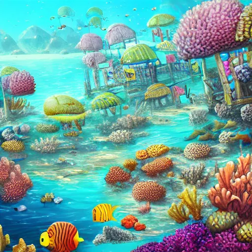 Image similar to coral reef village, underwater, digital art, trending on art station, high detail