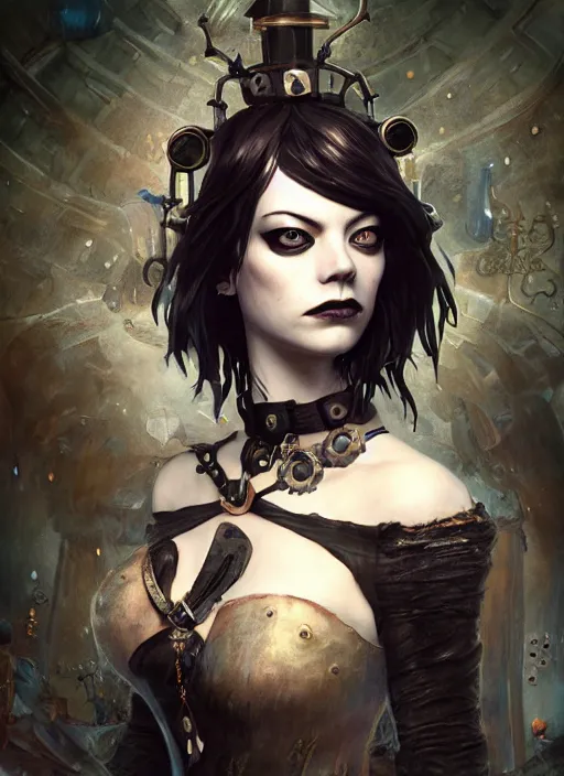 Image similar to dark underwater goth gothic steampunk portrait of emma stone, hyper detailed, digital art, cinematic lighting, studio quality, smooth render, unreal engine 5, octane rendered, art style by klimt and nixeu and ian sprigger and wlop and krenz cushart.