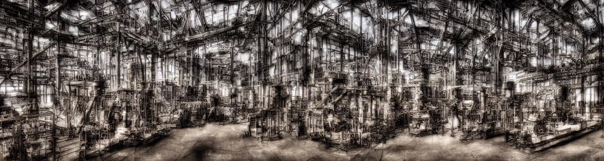 Image similar to an industrial age steam engine factory, color photography, digital art