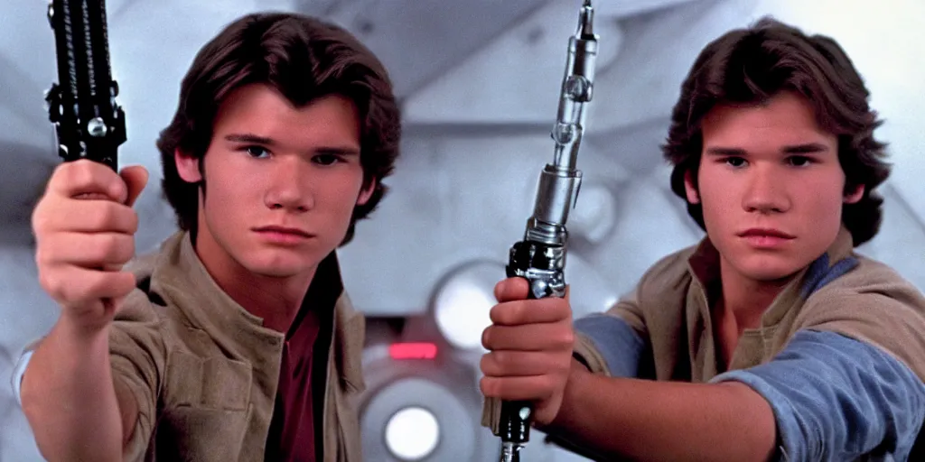 Image similar to a full color still of a teenaged Han Solo holding a lightsaber hilt, cinematic lighting, 1999, directed by Steven Spielberg, 35mm