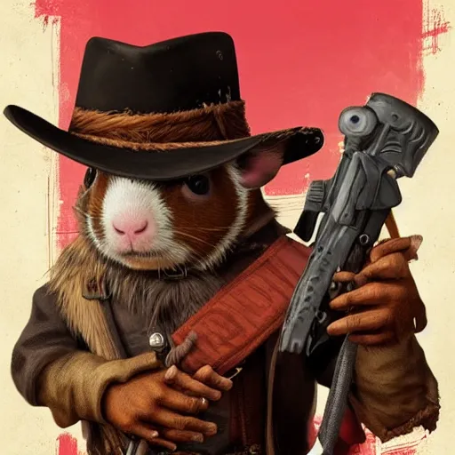 Prompt: cute little anthropomorphic Guinea Pig Red Dead Redemption 2 (2018 videogame) cover art, ultra wide lens shot , tiny, small, short, cute and adorable, pretty, beautiful, DnD character art portrait, matte fantasy painting, DeviantArt Artstation, by Jason Felix by Steve Argyle by Tyler Jacobson by Peter Mohrbacher, cinematic lighting