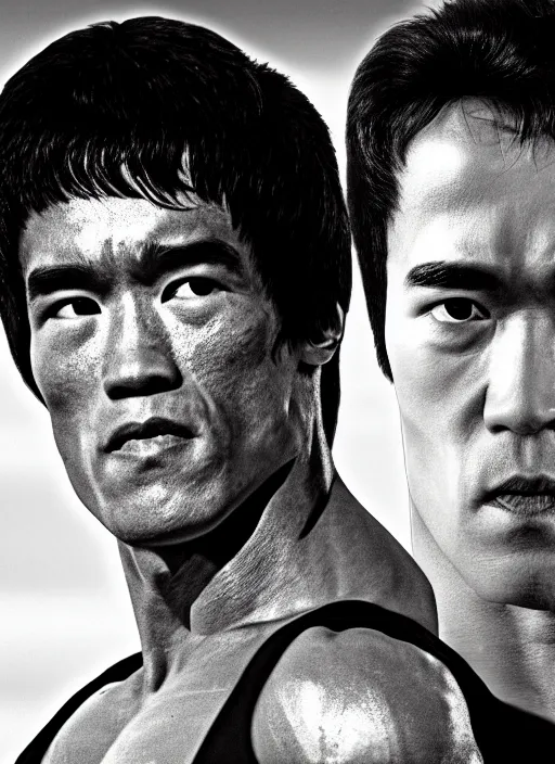 Image similar to Film poster Arnold Schwarzenegger VS Bruce lee , faces look at each other, detailed and realistic, 4k, filmic render