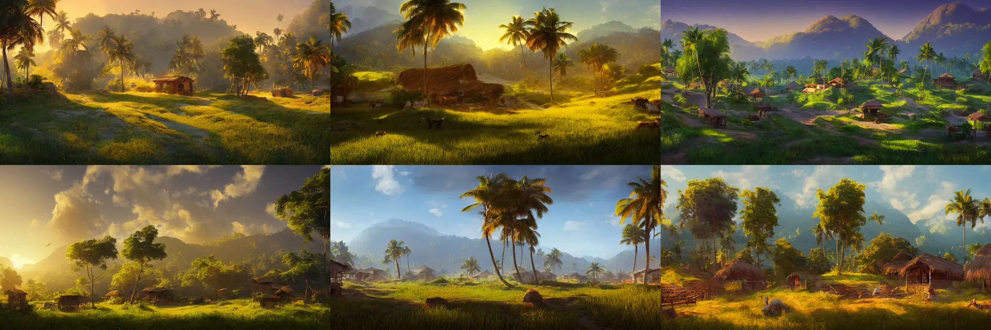 Image similar to Lively sunny landscape of a kerala village realistic detailed digital art by Maxwell Boas Jessica Rossier Christian Dimitrov Anton Fadeev trending on Artstation CGSociety rendered in Unreal Engine 4k HQ