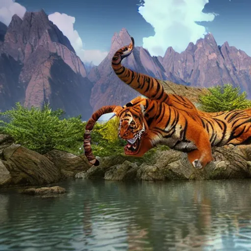 Image similar to hybrid of tiger and dragon, majestic, mountain and river in background, deviantart, global illumination radiating a glowing aura global illumination ray tracing hdr render in unreal engine 5