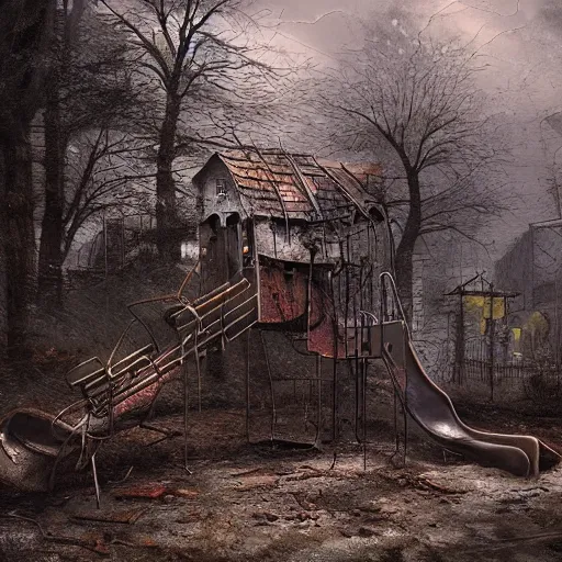 Image similar to michal karcz painting of an abandoned playground. , horror theme, detailed, elegant, intricate, 4k,