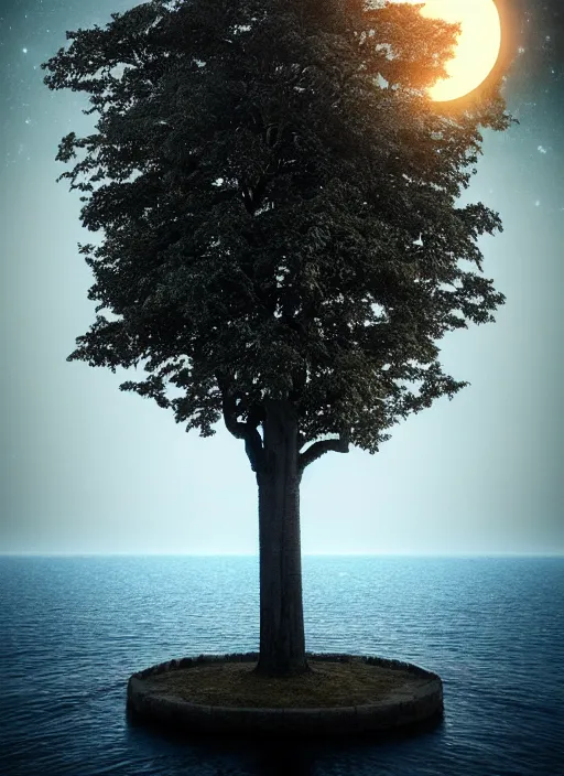 Image similar to a tree from which eyes hang instead of fruits, the tree is on top of a calm sea, in the background there is an eclipse that coincides with the tree. fantasy art, horror, nightmare, photo realistic, dynamic lighting, artstation, poster, volumetric lighting, very detailed faces, 4 k, award winning