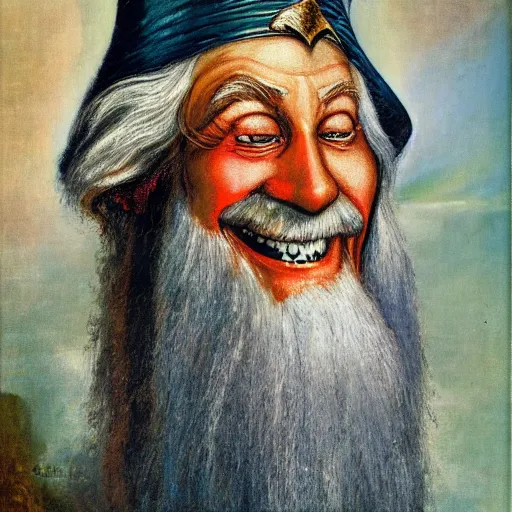 Image similar to a deliriously happy King Gandalf, portrait oil painting by Otto Dix, oil on canvas (1921)