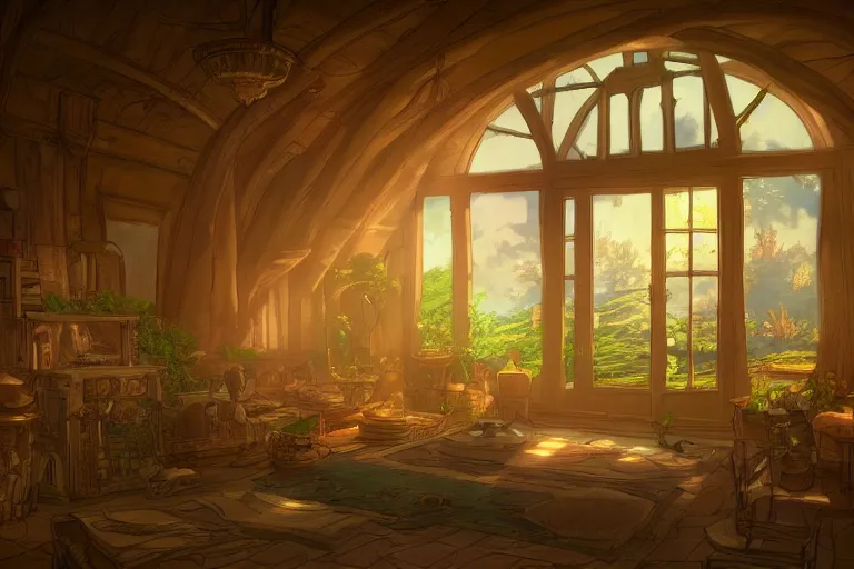 Image similar to interior wide angle shot of a fantasy countryside villa in the style of studio ghibli, moebius, makoto shinkai, dramatic volumetric lighting