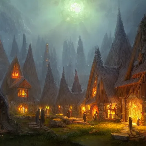 Prompt: oil painting of fantasy elven village inspired by Lord of the Rings by marc simonetti, mood lighting, trending on artstation
