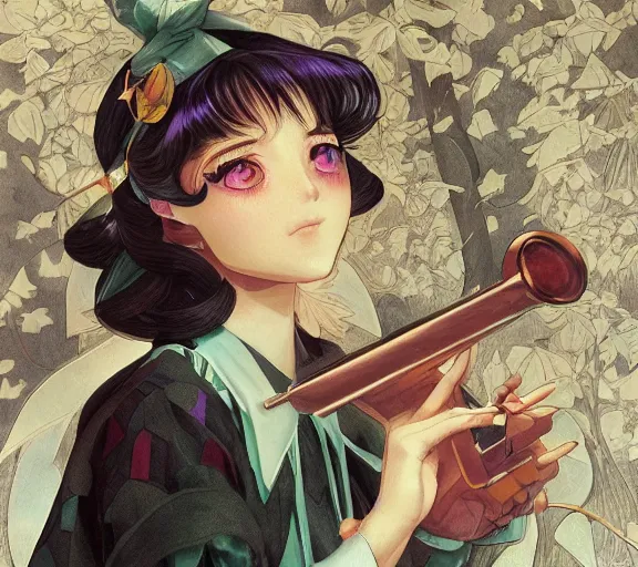 Image similar to ' touhou girl studying jazz music ', beautiful shadowing, 3 d shadowing, reflective surfaces, illustrated completely, 8 k beautifully detailed pencil illustration, extremely hyper - detailed pencil illustration, intricate, epic composition, masterpiece, bold complimentary colors. stunning masterfully illustrated by artgerm, range murata, alphonse mucha.