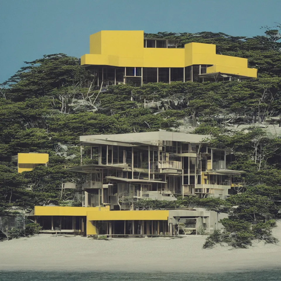 Image similar to architecture ad for a mid-century modern house on the beach, designed by Kengo Kuma. Film grain, cinematic, yellow hue