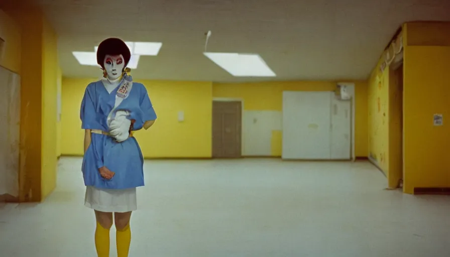 Image similar to 60s movie still of a white japanese female phantom with bloody jaw in an empty soviet stalinist style hospital with yellow tiles floor with light blue beds, cinestill 800t 35mm technicolor, heavy grain, high quality, higly detailed, liminal space