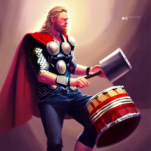 Image similar to thor playing the bongos, comic style by guweiz and stanley artgerm, extremely high quality artwork, very detailed, trending on artstation