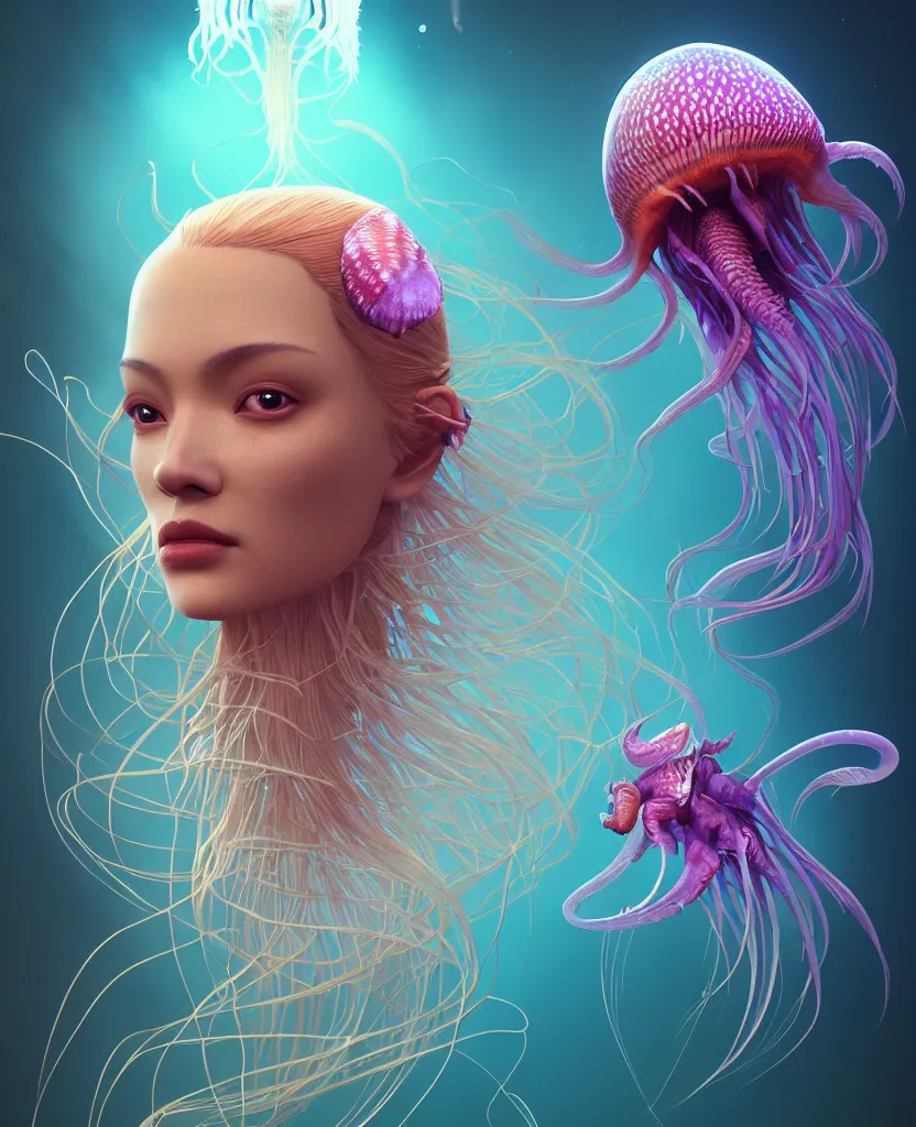 Prompt: beautiful female close-up portrait. orchid jellyfish, deep angler fish, phoenix head, nautilus, skull, betta fish, bioluminiscent creatures, intricate artwork by Tooth Wu and wlop and beeple. octane render, trending on artstation, greg rutkowski, xsullo, very coherent symmetrical artwork. cinematic, hyper realism, high detail, octane render, 8k