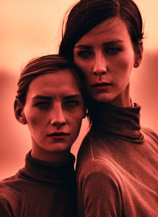 Image similar to cinestill 5 0 d photographic portrait of two loving female androids wearing rugged black techwear on a desolate plain with a red sky in front of a brutalist structure, extreme closeup, cyberpunk style, dust storm, 8 k, hd, high resolution, 3 5 mm, f / 3 2, ultra realistic faces, ex machina