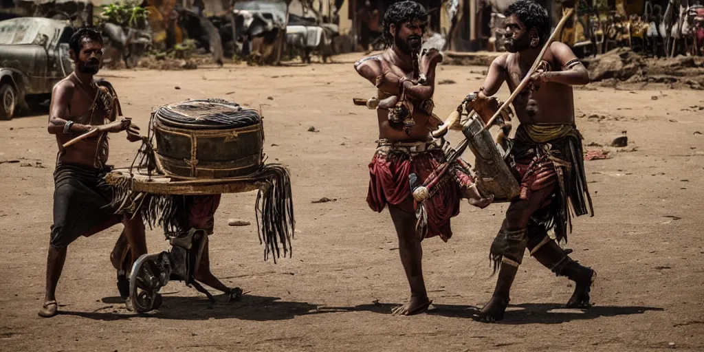 Prompt: sri lankan mad max style, bongo drum player, tuk tuk, film still, epic shot cinematography, rule of thirds