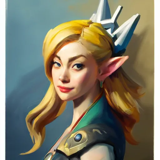 Image similar to greg manchess portrait painting of zelda as overwatch character, medium shot, asymmetrical, profile picture, organic painting, sunny day, matte painting, bold shapes, hard edges, street art, trending on artstation, by huang guangjian and gil elvgren and sachin teng