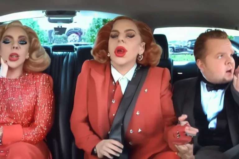 Image similar to lady gaga and judy garland doing carpool karaoke, lady gaga and judy garland, carpool karaoke, lady gaga, judy garland, carpool karaoke, youtube video screenshot, the late late show with james corden