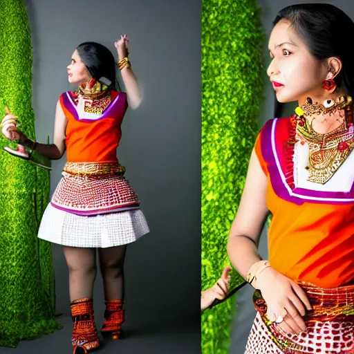 Prompt: a beautiful cute girl wearing modern stylish costume in the style of Assamese bihu mekhela sador gamosa design, commercial fashion design art by jeff koons