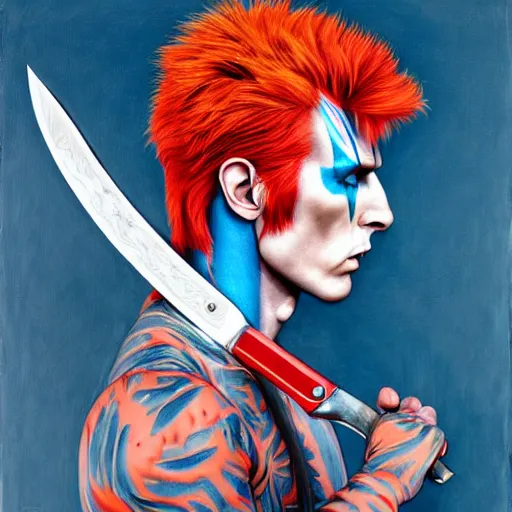 Prompt: Ziggy Stardust holding a Bowie knife, james jean, realism