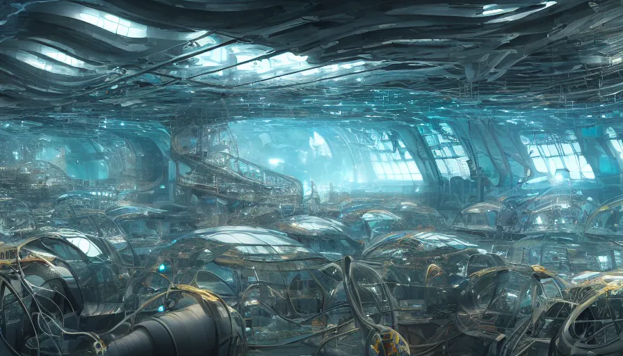 Image similar to underwater crowded cloning facility build under metallic dome, machines, technologies, machines, experience, giant building, hyperdetailed, artstation, cgsociety, 8 k