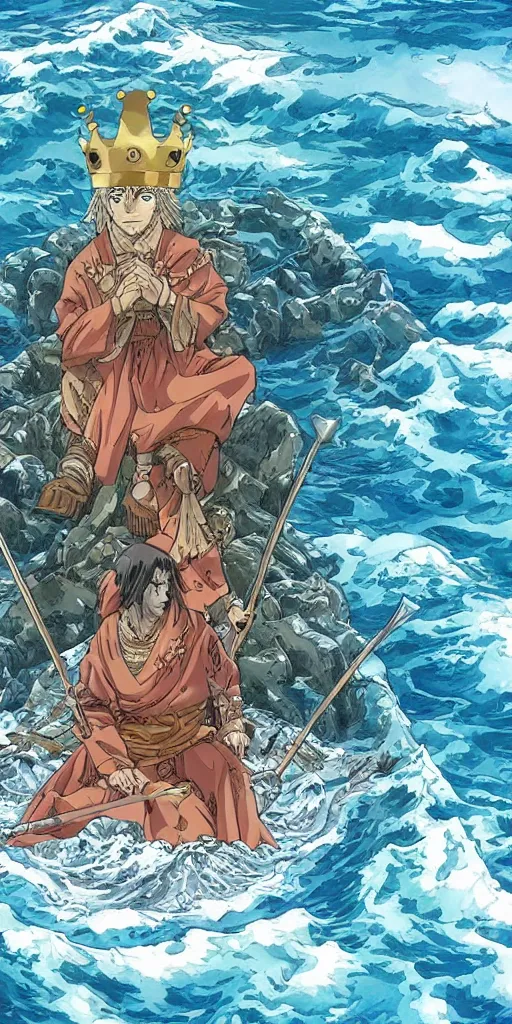 Image similar to a single lone king sitting on a throne floating on water in the middle of a lake drawn by Makoto Yukimura in the style of Vinland saga anime, full color, detailed, wide angle