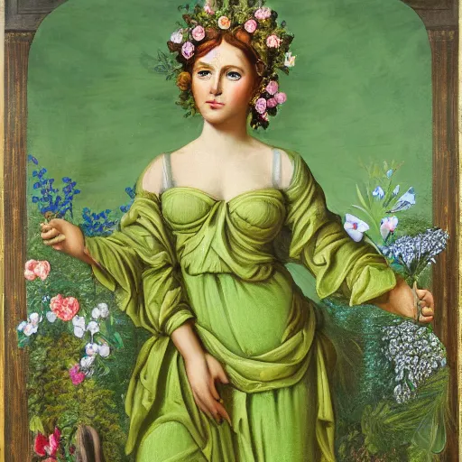 Prompt: portrait of the goddess of nature dressed in a green dress surrounded by flowers and nature