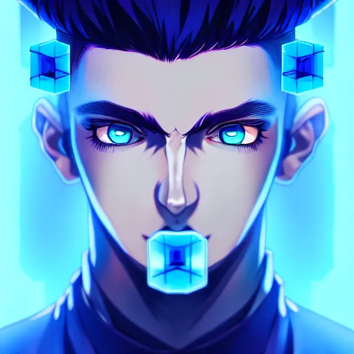 Image similar to a highly detailed portrait of a man with navy blue hair and blue glowing eyes, summoning blue transparent cubes, high detail clothing, concept art, anime, artstation, professional drawing