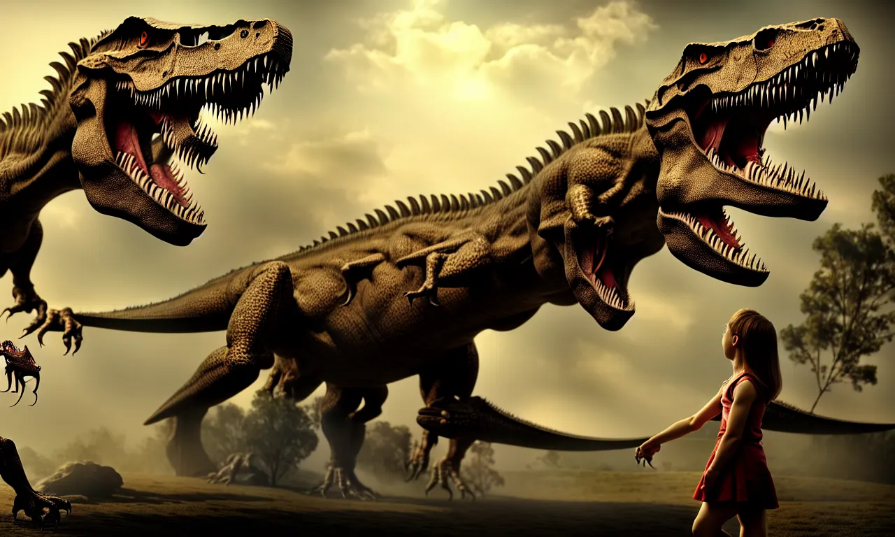 Image similar to cute girl feeding tyranosaur rex, dramatic pose, high details, raytracing, back light, raymarching, by ilm, by digital domain, by weta digital