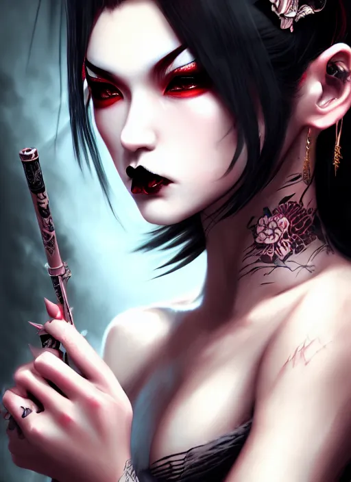 Image similar to soft lustrous ebony geisha seductive yakuza gothic gutter punk, urban decay dark fantasy, dark art, highly detailed, digital painting, octane render, artstation, concept art, smooth, sharp focus, illustration, art by artgerm, loish, wlop