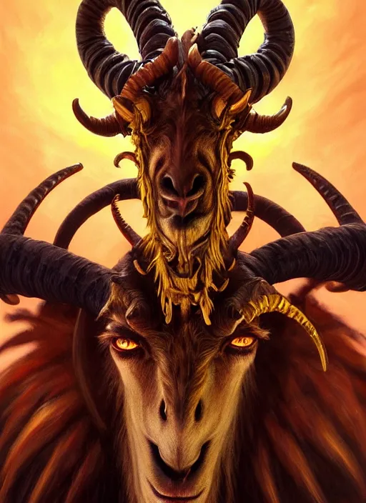 Image similar to hellish demon with gold fangs and twisted horns, close up, goat pupils, sinister portrait, highly detailed, digital painting, artstation, concept art, matte, sharp focus, illustration, dramatic, cinematic sunset, hearthstone, art by artgerm and greg rutkowski and alphonse mucha