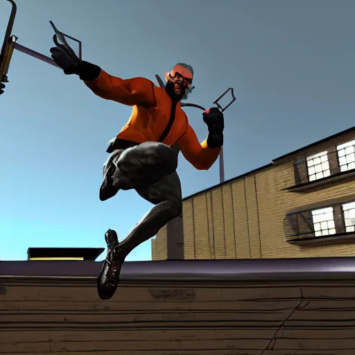 Prompt: gordon freeman jumping across rooftops crowbar in his hand