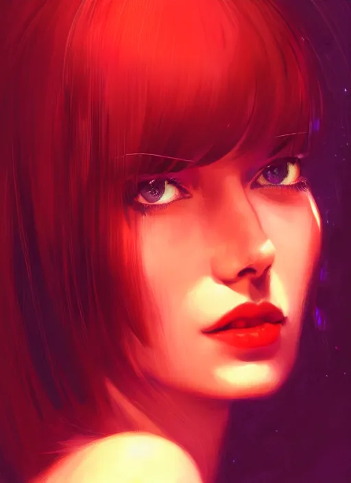 Image similar to portrait of lana rhodes with bangs, 1 9 6 0 s, long hair, red hairband, bangs, intricate, elegant, glowing lights, highly detailed, digital painting, artstation, concept art, smooth, sharp focus, illustration, art by wlop, mars ravelo and greg rutkowski