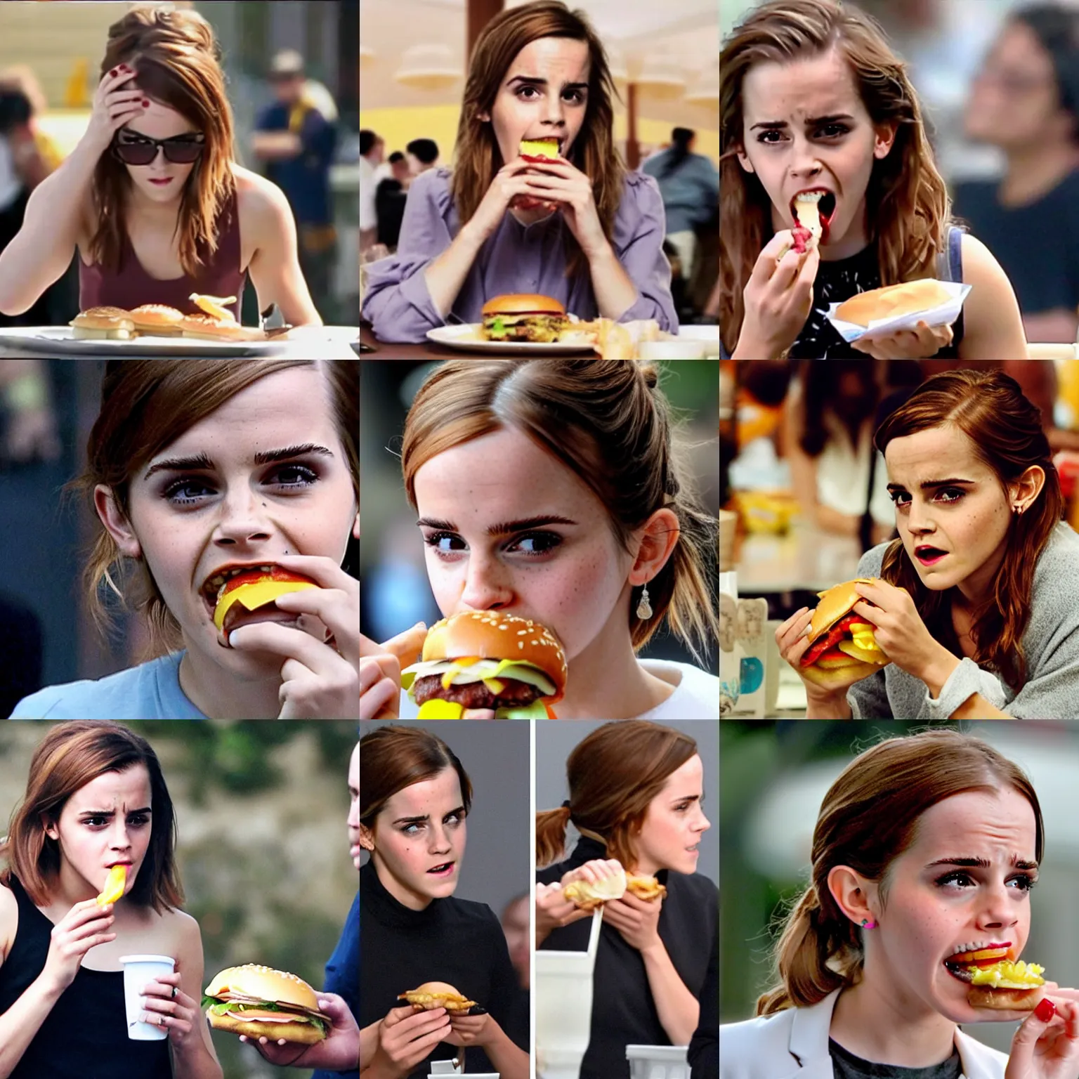 Prompt: still of emma watson devouring a juicy delicious burger