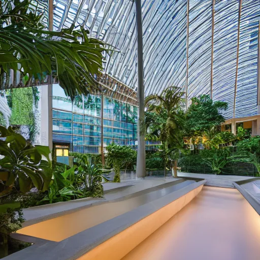 Image similar to The atrium of a refurbished contemporary building filled with tropical plants and lush swimming pool, project by Kengo Kuma, blue hour, 4k