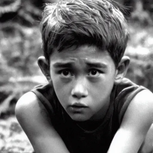 Prompt: ricky garcia plays ralph in lord of the flies ( 1 9 6 3 ), 3 5 mm black and white, highly detailed, cinematic lighting