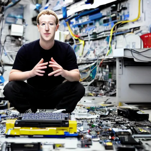 Image similar to mark zuckerberg alone in an ally with broken computer parts. photograph.