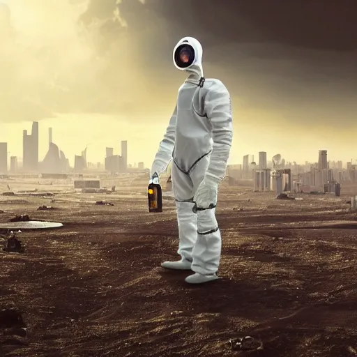 Prompt: a beautiful award-winning photo of the last man on Earth wearing a robotic hazmat suit, serene idyllic post-nuclear background, a mirage of the skyline of destroyed Buenos Aires, volumetric lighting, very high quality, extremely detailed, subtle visual noise, 8K