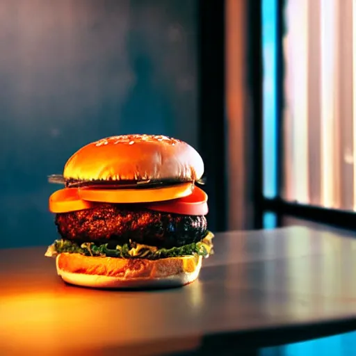 Image similar to a hamburger sitting on a table in a dimly - lit mcdonalds by the window, blue hour