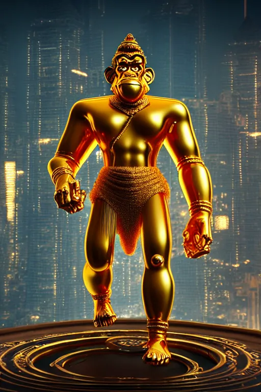 Image similar to high quality 3 d render cyborg gold hanuman! with nose piercings, cyberpunk highly detailed, mumbai in the background, unreal engine cinematic smooth, in the style of blade runner & solaris, hannah yata charlie immer, moody light, low angle, uhd 8 k, sharp focus