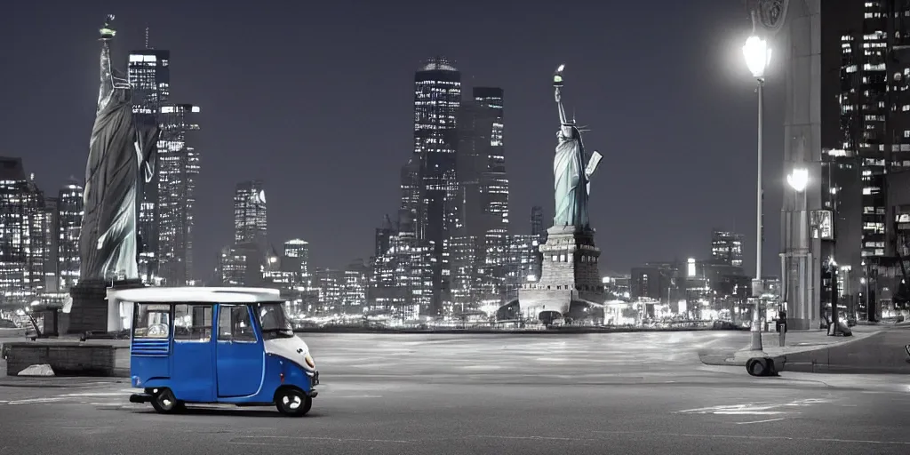 Image similar to a lonely blue tuk tuk with the statue of liberty in the background, night, full color