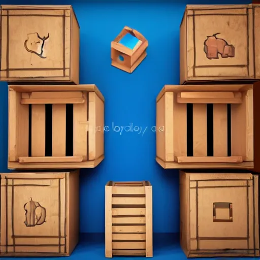 Image similar to cubby wooden crate 3 d icons for mobile game, stylized, blue scheme, octane render, studio lighting