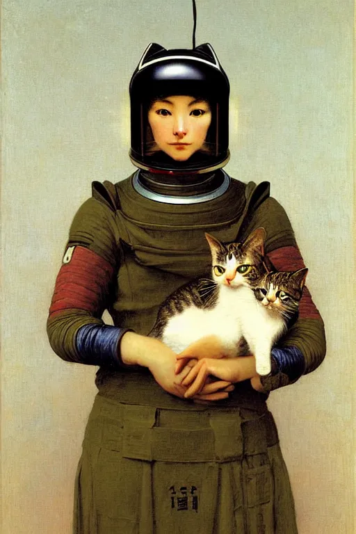 Image similar to portrait of a cat astronaut with japanese armor and helmet, majestic, solemn, by bouguereau