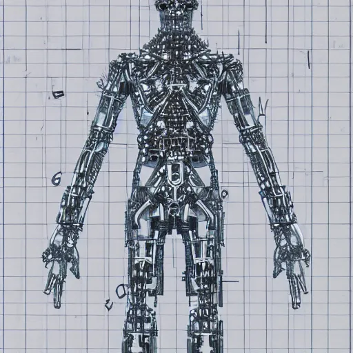 Prompt: T-posing image of a cybernetically augmented human male, monochrome, medium: pencil, technical drawing, blueprints, detailed